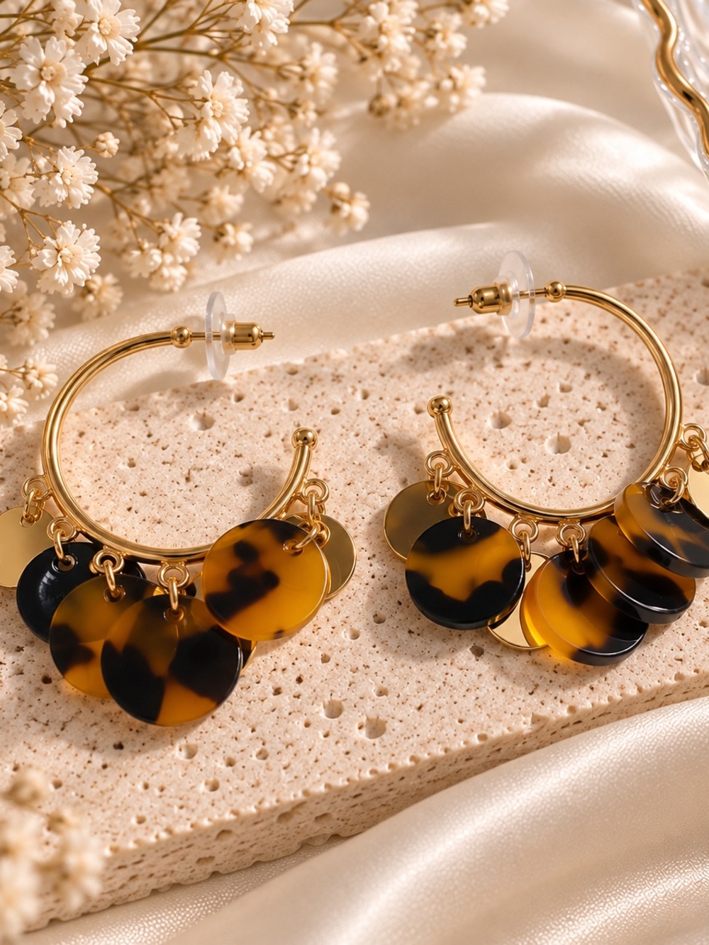 Gold Hoop Earrings with Tortoiseshell Discs - Women Jewelry